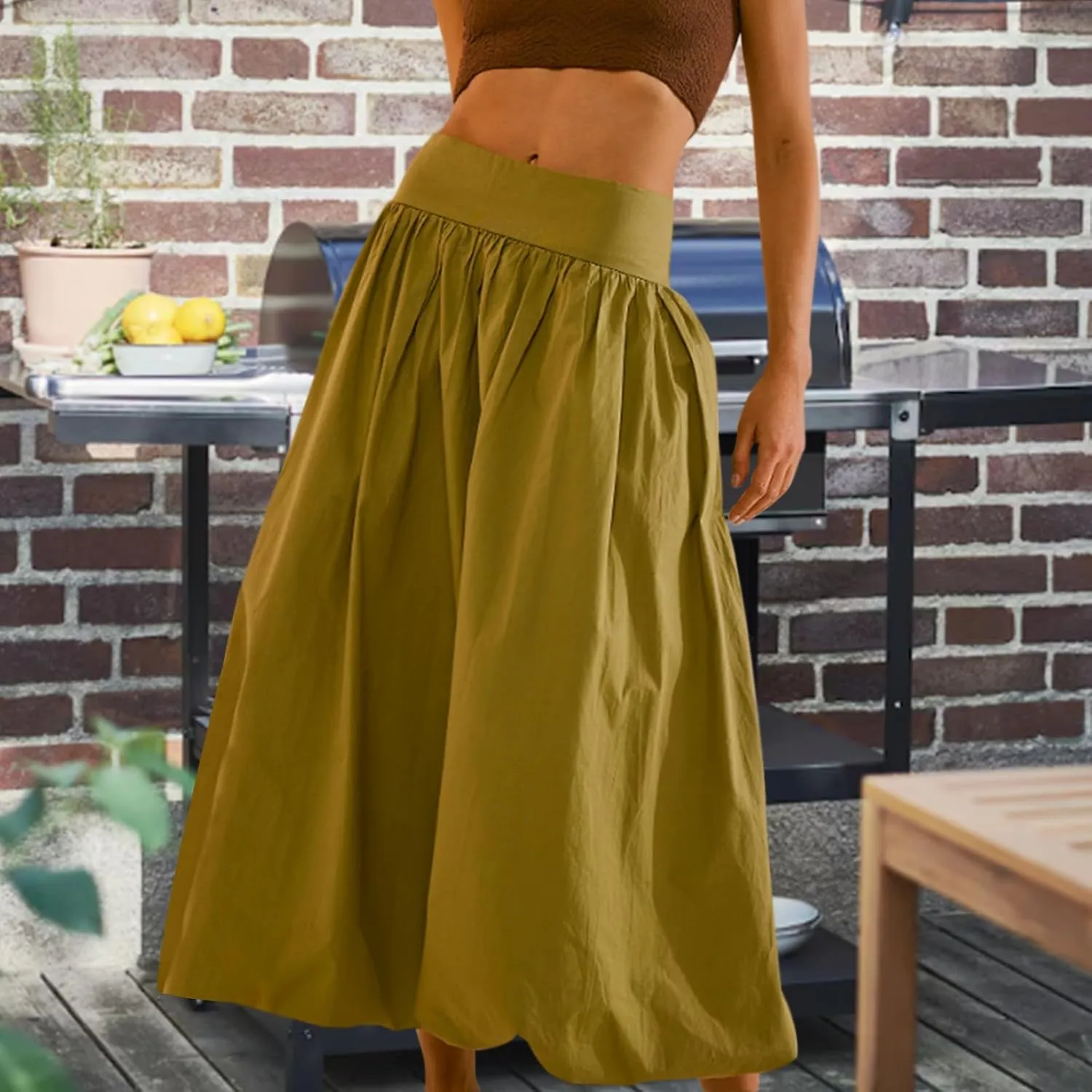 Women Y2k Bubble Maxi Skirt Summer Elastic Low Waist A Line Long Skirt Casual Fairy Ruffle Pleated Midi Dress