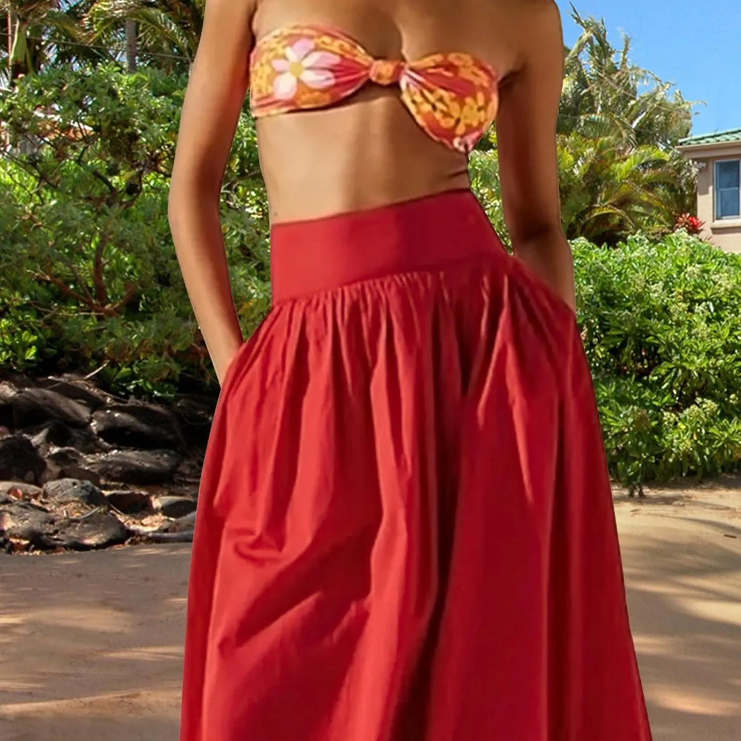Women Y2k Bubble Maxi Skirt Summer Elastic Low Waist A Line Long Skirt Casual Fairy Ruffle Pleated Midi Dress