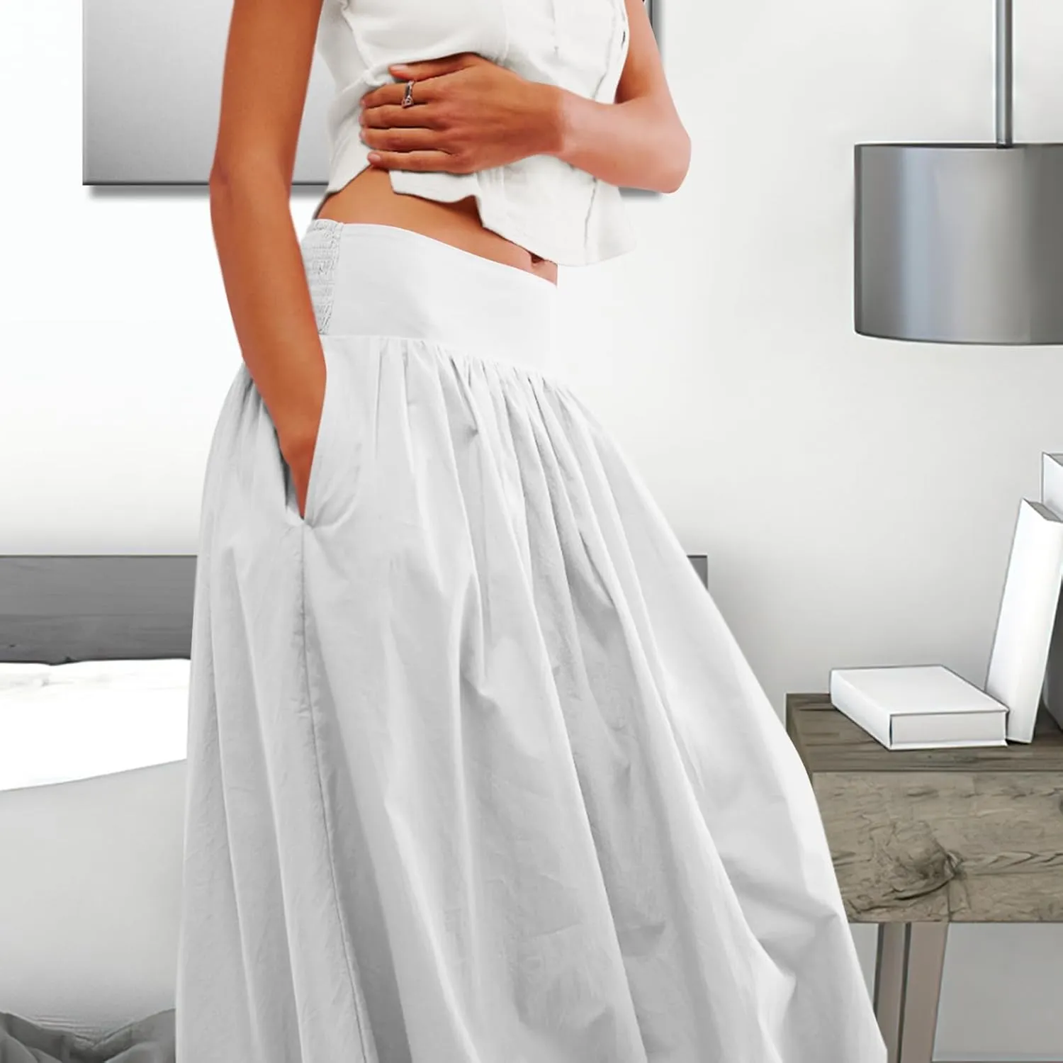Women Y2k Bubble Maxi Skirt Summer Elastic Low Waist A Line Long Skirt Casual Fairy Ruffle Pleated Midi Dress