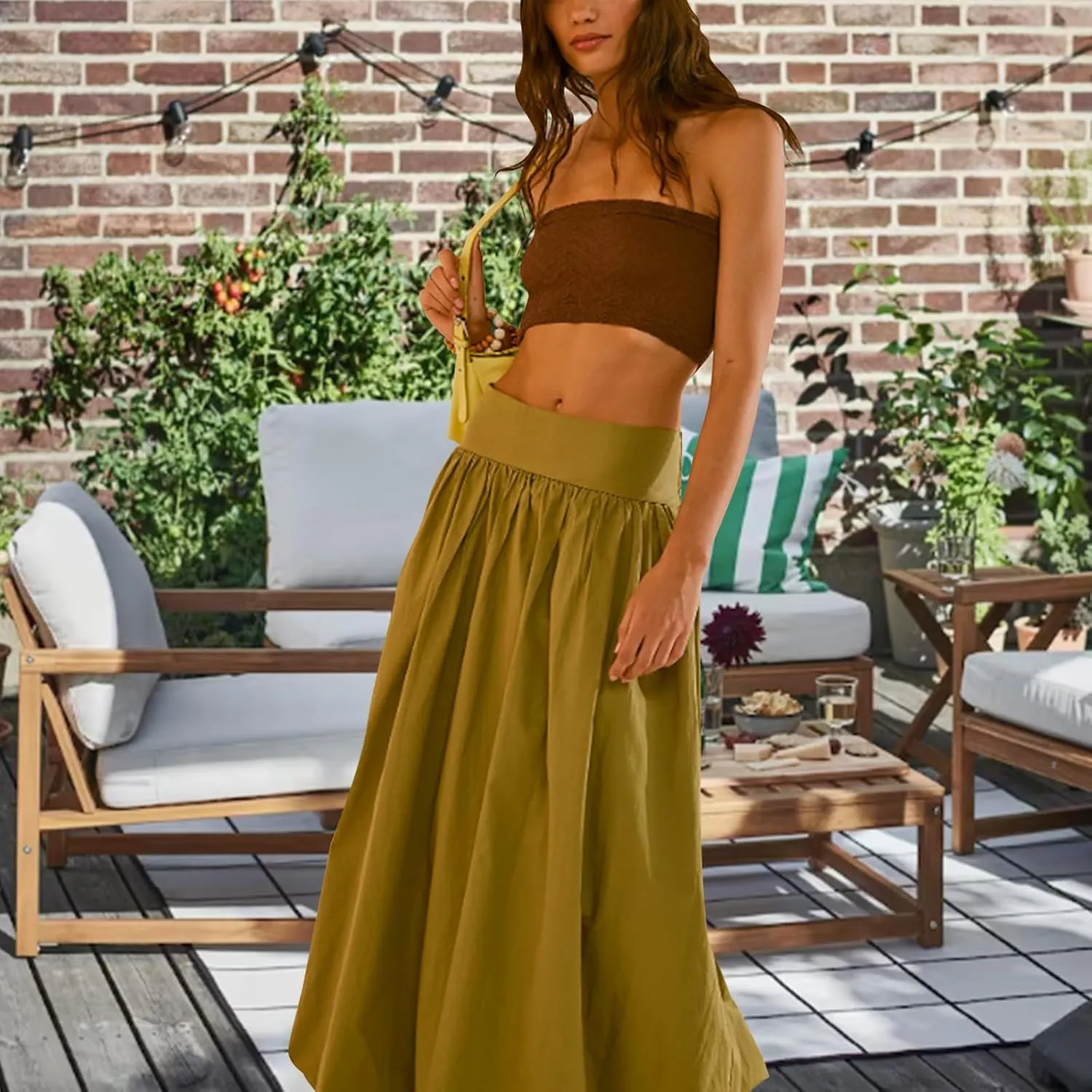 Women Y2k Bubble Maxi Skirt Summer Elastic Low Waist A Line Long Skirt Casual Fairy Ruffle Pleated Midi Dress
