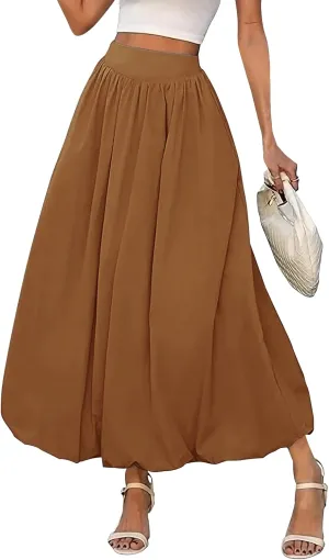 Women Y2k Bubble Maxi Skirt Summer Elastic Low Waist A Line Long Skirt Casual Fairy Ruffle Pleated Midi Dress
