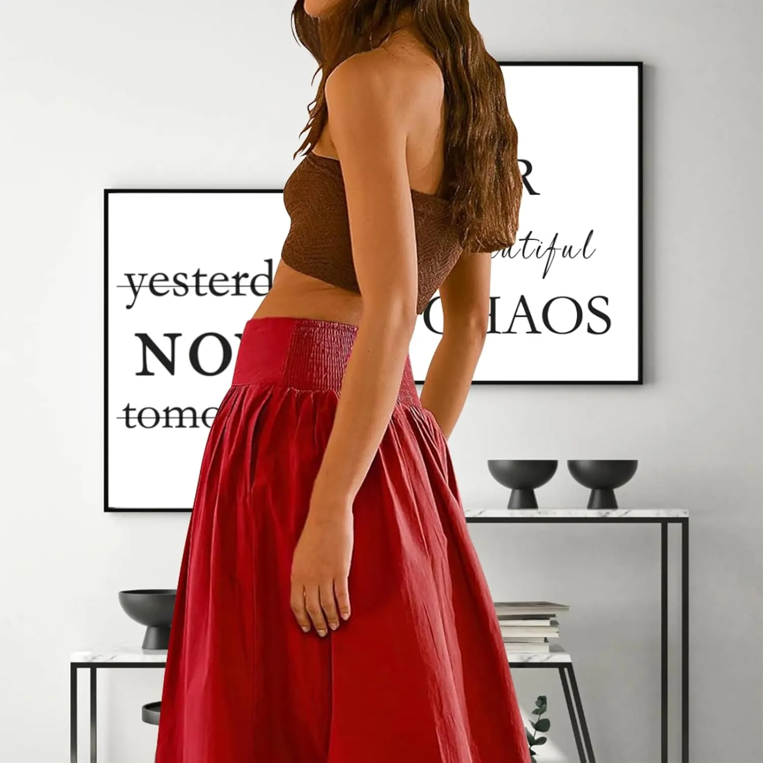 Women Y2k Bubble Maxi Skirt Summer Elastic Low Waist A Line Long Skirt Casual Fairy Ruffle Pleated Midi Dress