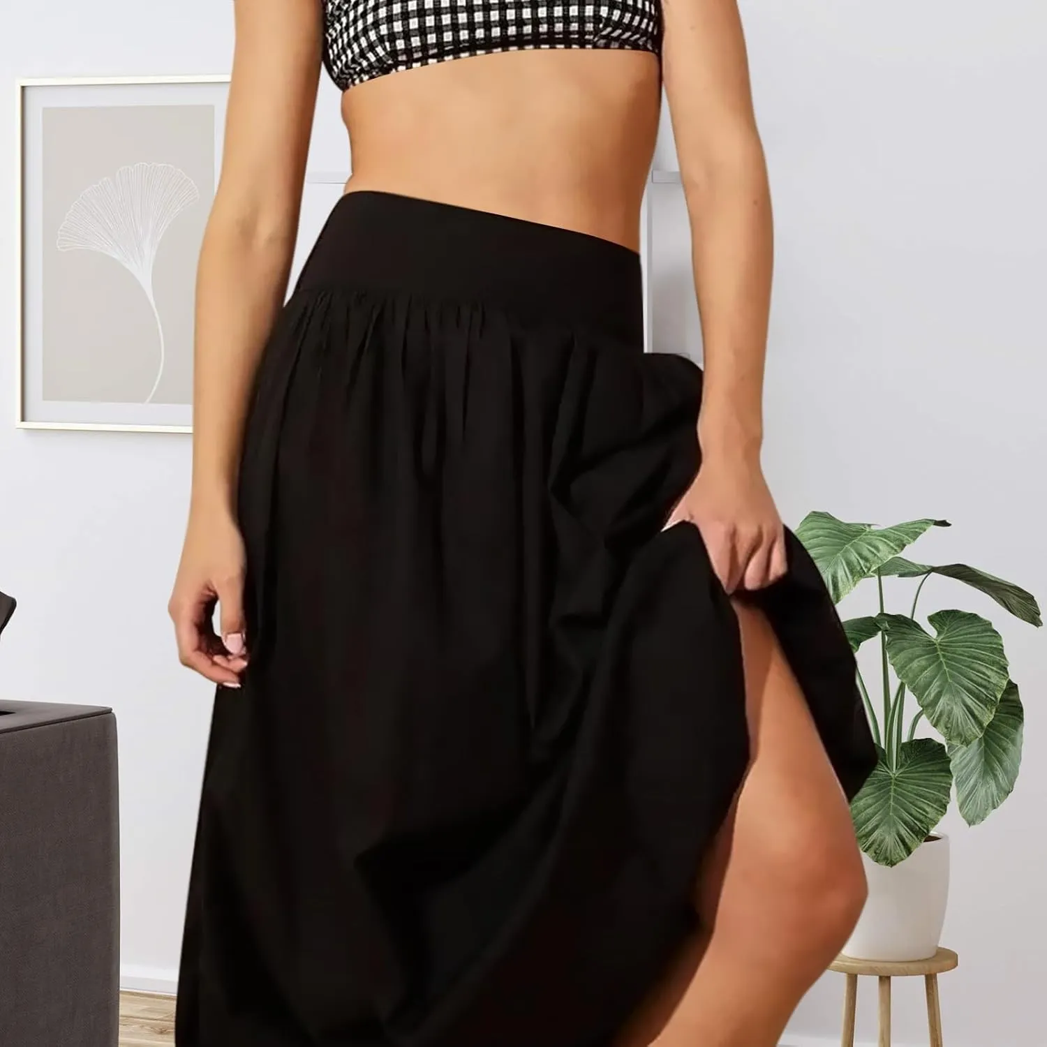 Women Y2k Bubble Maxi Skirt Summer Elastic Low Waist A Line Long Skirt Casual Fairy Ruffle Pleated Midi Dress