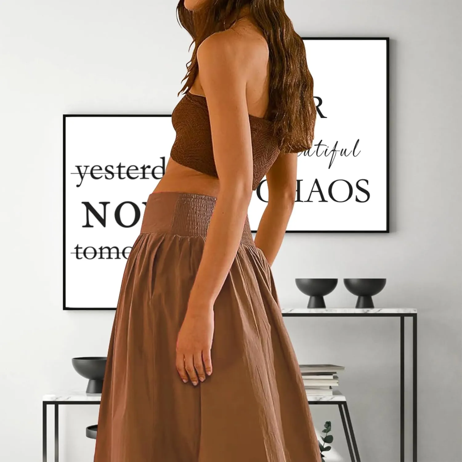 Women Y2k Bubble Maxi Skirt Summer Elastic Low Waist A Line Long Skirt Casual Fairy Ruffle Pleated Midi Dress