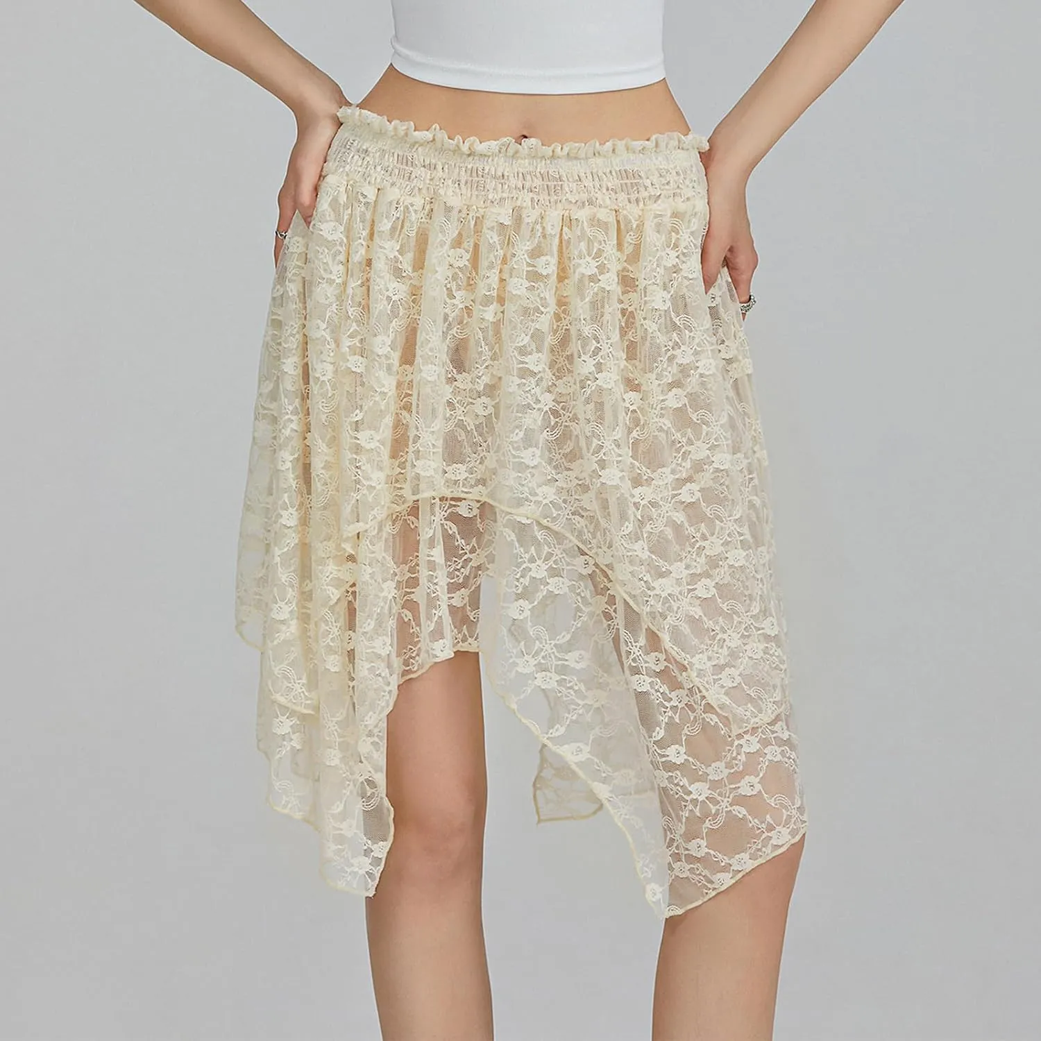 Women Y2k Lace Mini Skirt Low Rise Pleated Ruffle Half Slip Skirt Layered Flowy Short Skirt Streetwear