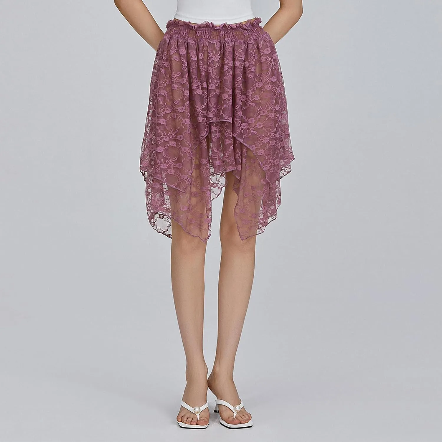 Women Y2k Lace Mini Skirt Low Rise Pleated Ruffle Half Slip Skirt Layered Flowy Short Skirt Streetwear