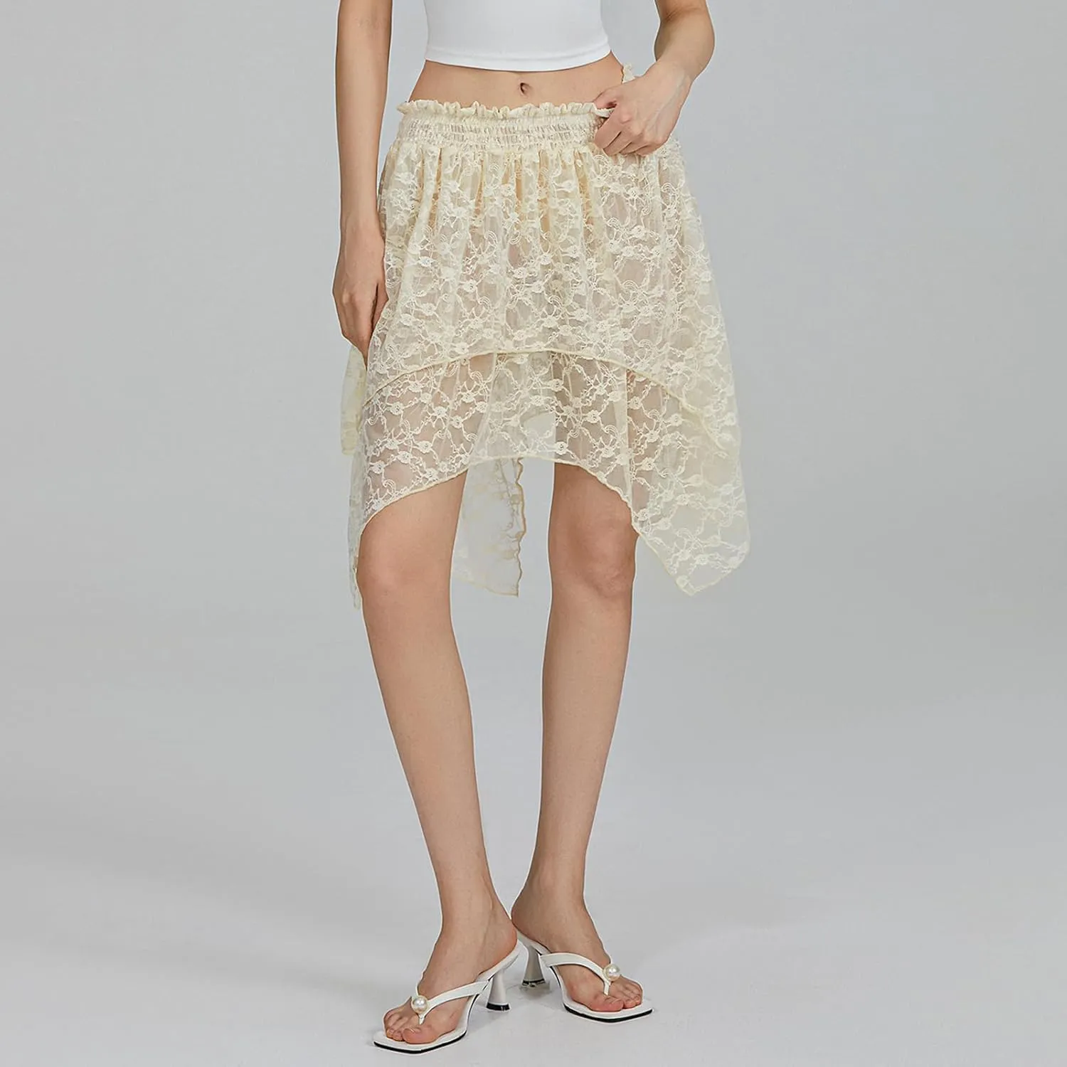 Women Y2k Lace Mini Skirt Low Rise Pleated Ruffle Half Slip Skirt Layered Flowy Short Skirt Streetwear