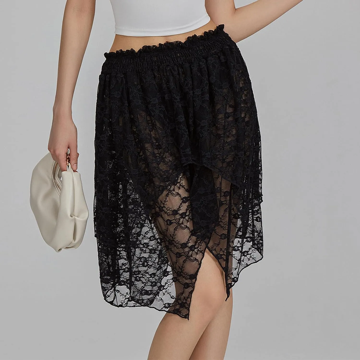 Women Y2k Lace Mini Skirt Low Rise Pleated Ruffle Half Slip Skirt Layered Flowy Short Skirt Streetwear