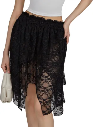Women Y2k Lace Mini Skirt Low Rise Pleated Ruffle Half Slip Skirt Layered Flowy Short Skirt Streetwear