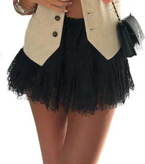 Women Y2k Lace Mini Skirt Low Rise Pleated Ruffle Half Slip Skirt Layered Flowy Short Skirt Streetwear