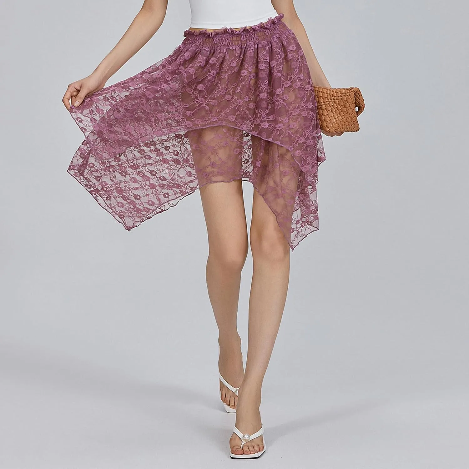 Women Y2k Lace Mini Skirt Low Rise Pleated Ruffle Half Slip Skirt Layered Flowy Short Skirt Streetwear
