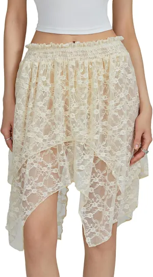 Women Y2k Lace Mini Skirt Low Rise Pleated Ruffle Half Slip Skirt Layered Flowy Short Skirt Streetwear
