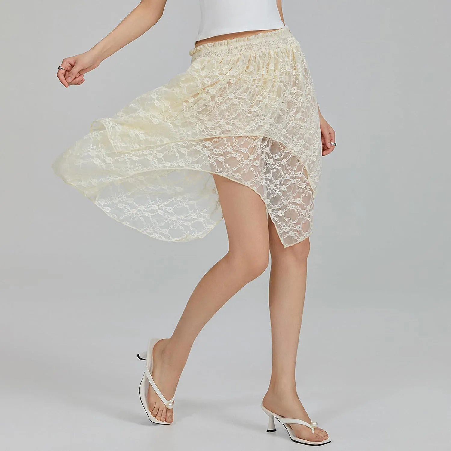 Women Y2k Lace Mini Skirt Low Rise Pleated Ruffle Half Slip Skirt Layered Flowy Short Skirt Streetwear