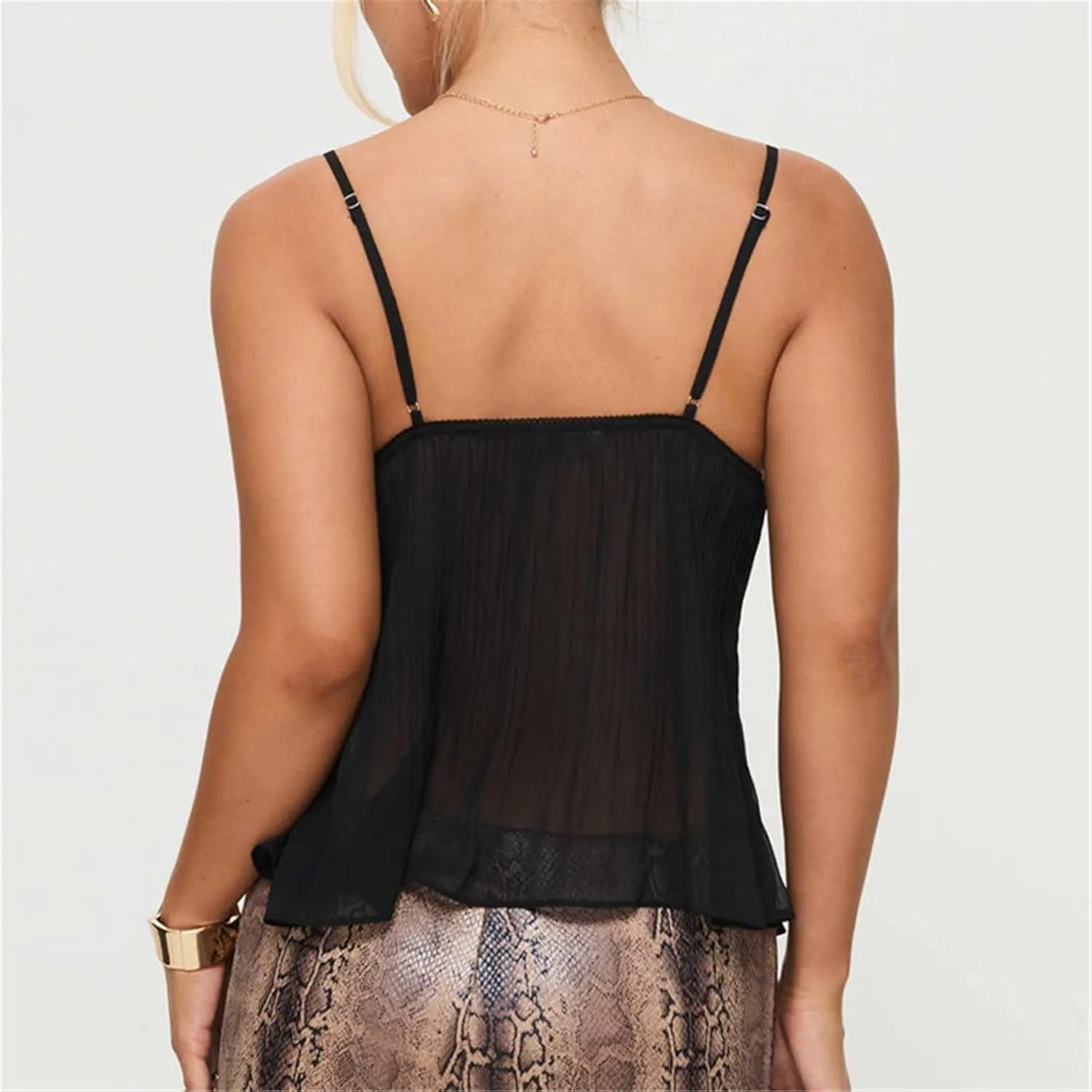 Women Y2K Mesh Camisole Top Sexy Spaghetti Strap Backless See Through Crop Vest Bustier Going Out Tops Streetwear