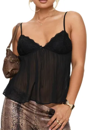 Women Y2K Mesh Camisole Top Sexy Spaghetti Strap Backless See Through Crop Vest Bustier Going Out Tops Streetwear