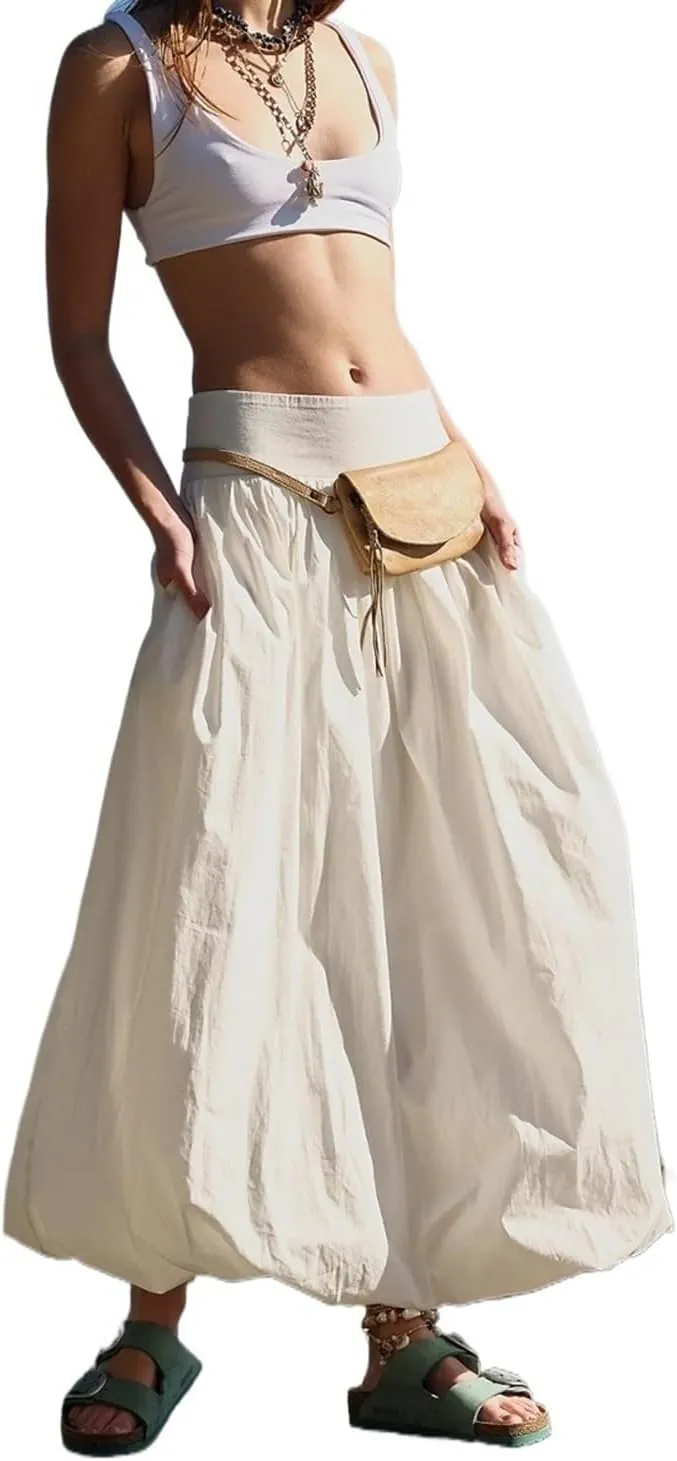 Womens Bubble Maxi Skirt Casual Elastic Low Waist Flowy A Line Long Skirt Summer Ruffle Balloon Skirt
