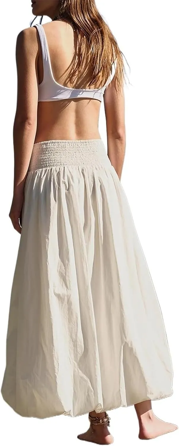 Womens Bubble Maxi Skirt Casual Elastic Low Waist Flowy A Line Long Skirt Summer Ruffle Balloon Skirt