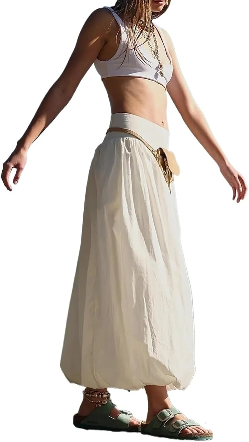 Womens Bubble Maxi Skirt Casual Elastic Low Waist Flowy A Line Long Skirt Summer Ruffle Balloon Skirt