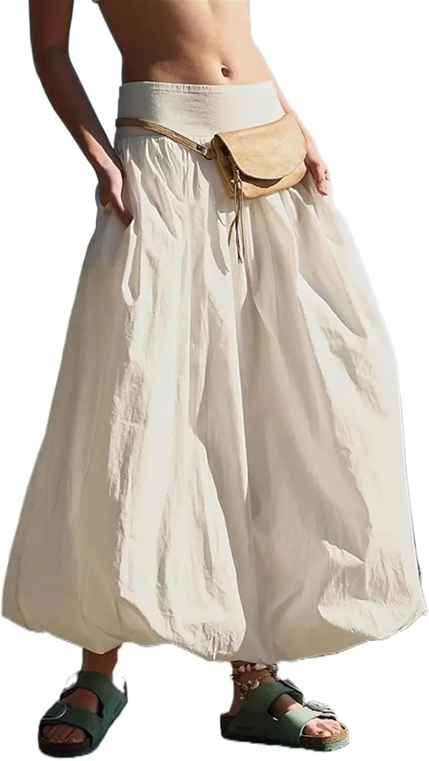 Womens Bubble Maxi Skirt Casual Elastic Low Waist Flowy A Line Long Skirt Summer Ruffle Balloon Skirt