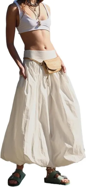 Womens Bubble Maxi Skirt Casual Elastic Low Waist Flowy A Line Long Skirt Summer Ruffle Balloon Skirt