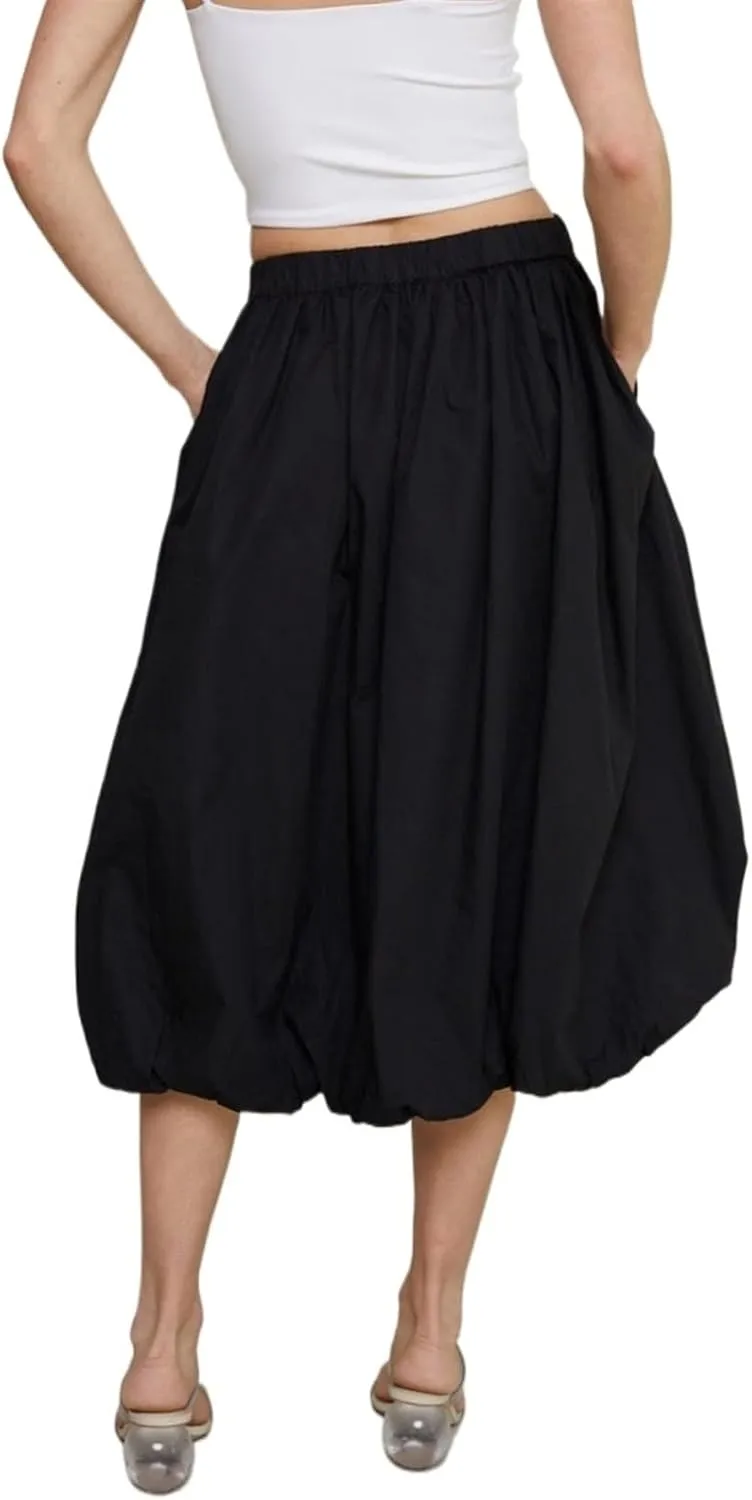 Womens Bubble Maxi Skirt Elastic Low Waist Pleated Balloon Long Skirt Summer Ruffle Puffy Flowy Swing Midi Dress