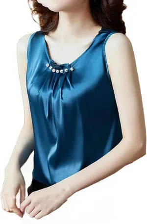Women's Camisole Loose Clothes O Neck Basic White Sleeveless Satin Silk Tank Tops