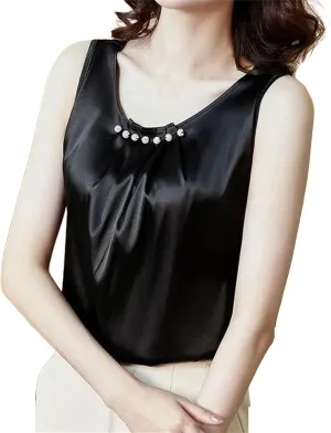 Women's Camisole Loose Clothes O Neck Basic White Sleeveless Satin Silk Tank Tops
