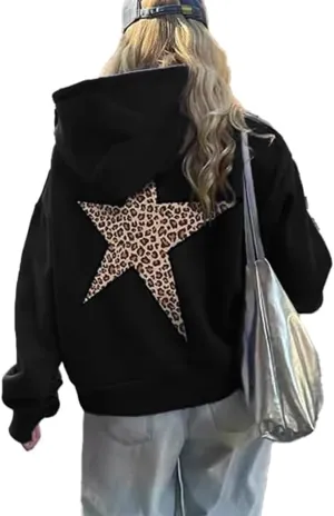 Women's Cheetah Leopard Star Print Hooded Sweatshirt Y2k Casual Long Sleeve Pullover Hoodie Tops