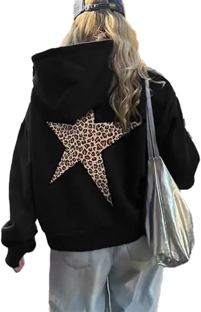 Women's Cheetah Leopard Star Print Hooded Sweatshirt Y2k Casual Long Sleeve Pullover Hoodie Tops