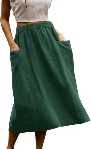 Women's Cotton Linen Skirts Casual Loose Fit Solid Color Elastic High Waisted Flare A-Line Midi Skirts with Pockets