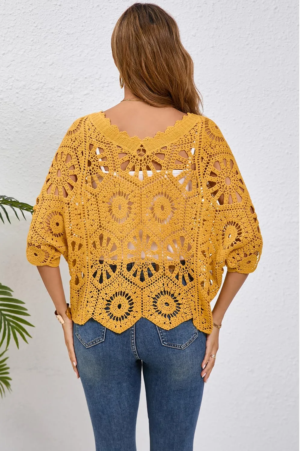 Women's Crochet Tops Boho Hollow Out V-Neck Pullover Lace Cove Up