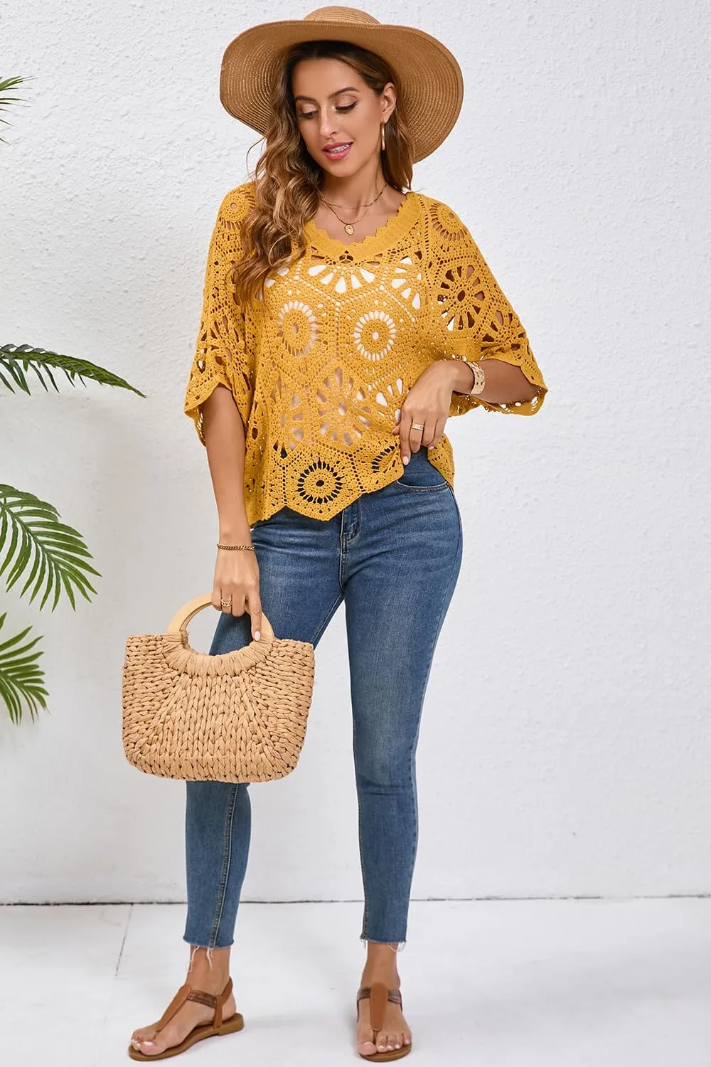 Women's Crochet Tops Boho Hollow Out V-Neck Pullover Lace Cove Up