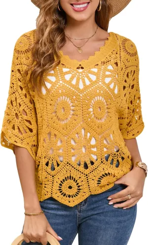 Women's Crochet Tops Boho Hollow Out V-Neck Pullover Lace Cove Up