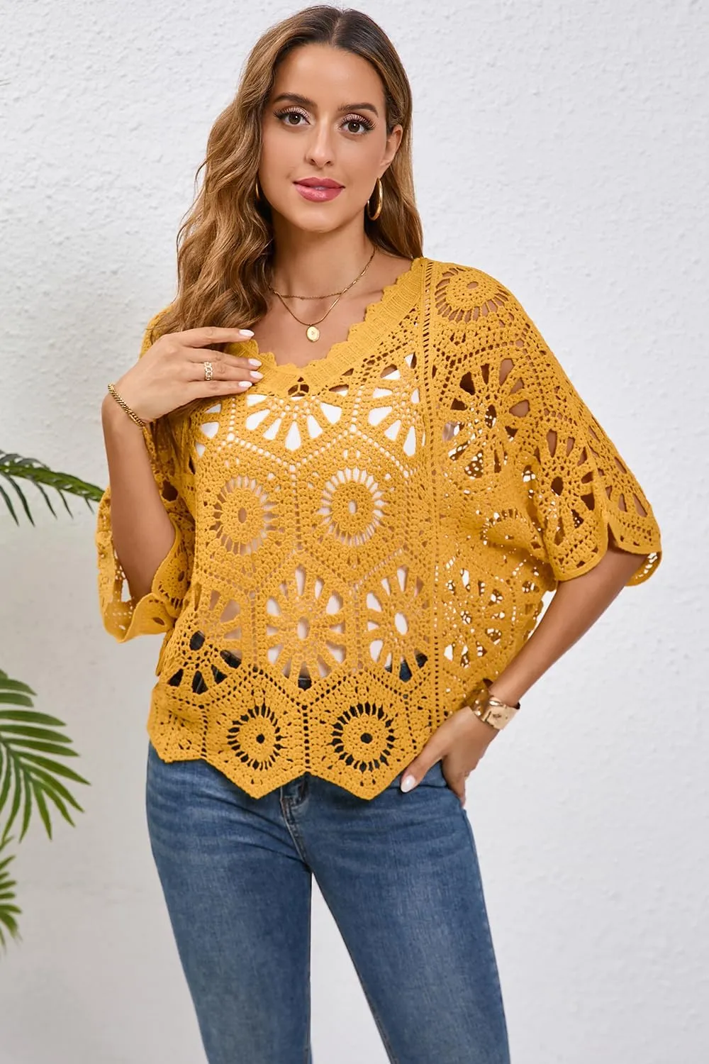 Women's Crochet Tops Boho Hollow Out V-Neck Pullover Lace Cove Up