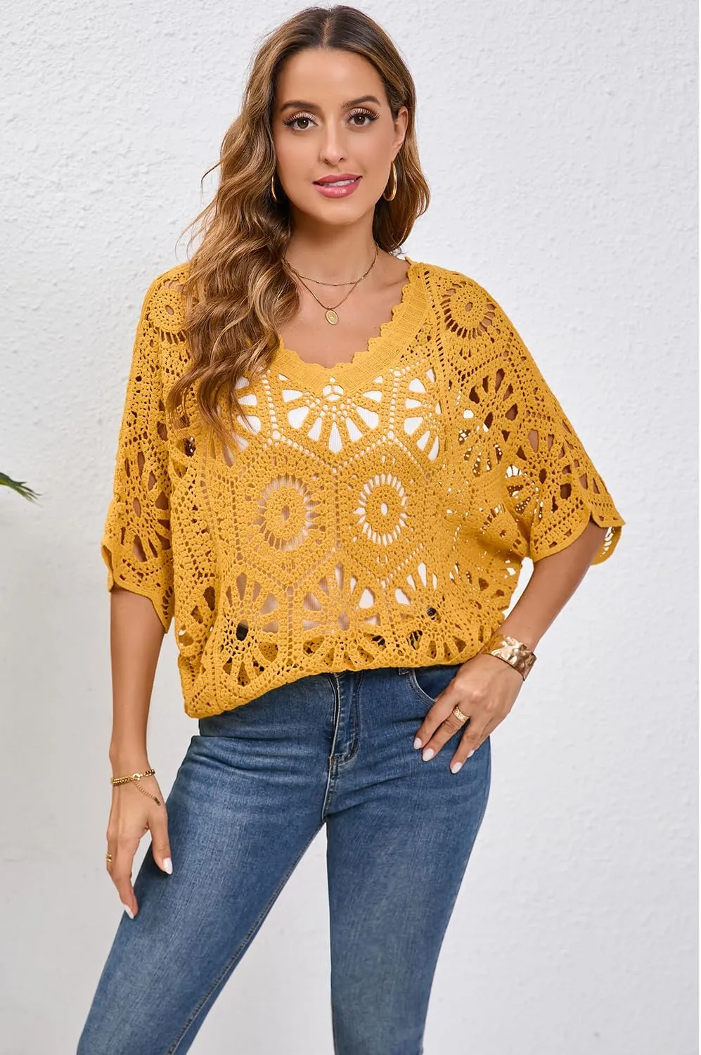 Women's Crochet Tops Boho Hollow Out V-Neck Pullover Lace Cove Up