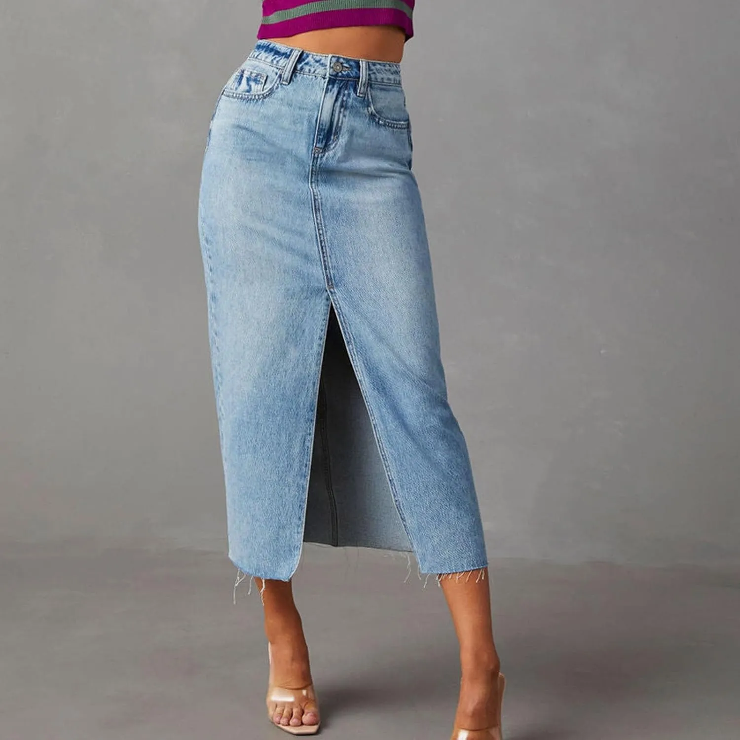 Womens Denim Skirt Front Slit Maxi Skirt Fashion Y2K Streetwear High Waist Jean Skirt with Pockets Slim Long Skirt