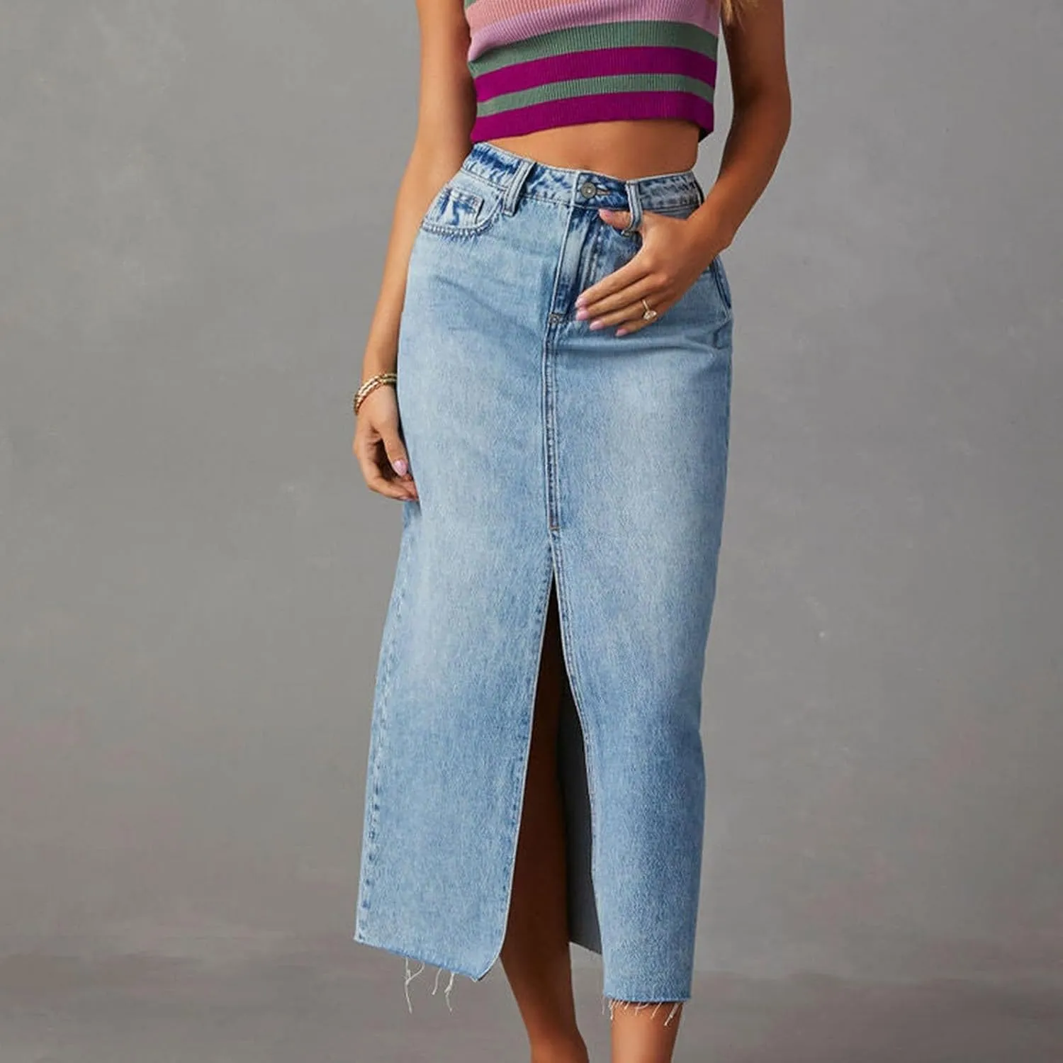 Womens Denim Skirt Front Slit Maxi Skirt Fashion Y2K Streetwear High Waist Jean Skirt with Pockets Slim Long Skirt