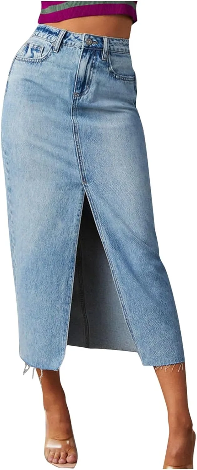 Womens Denim Skirt Front Slit Maxi Skirt Fashion Y2K Streetwear High Waist Jean Skirt with Pockets Slim Long Skirt