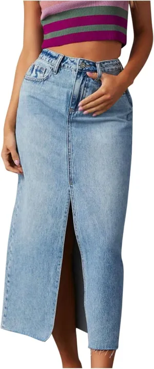 Womens Denim Skirt Front Slit Maxi Skirt Fashion Y2K Streetwear High Waist Jean Skirt with Pockets Slim Long Skirt