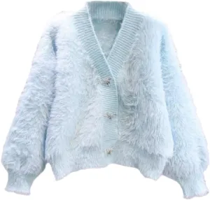 Women's Fuzzy Fluffy Cardigan Cute Bowknot Button Sweater Long Sleeve V Neck Knit Tops