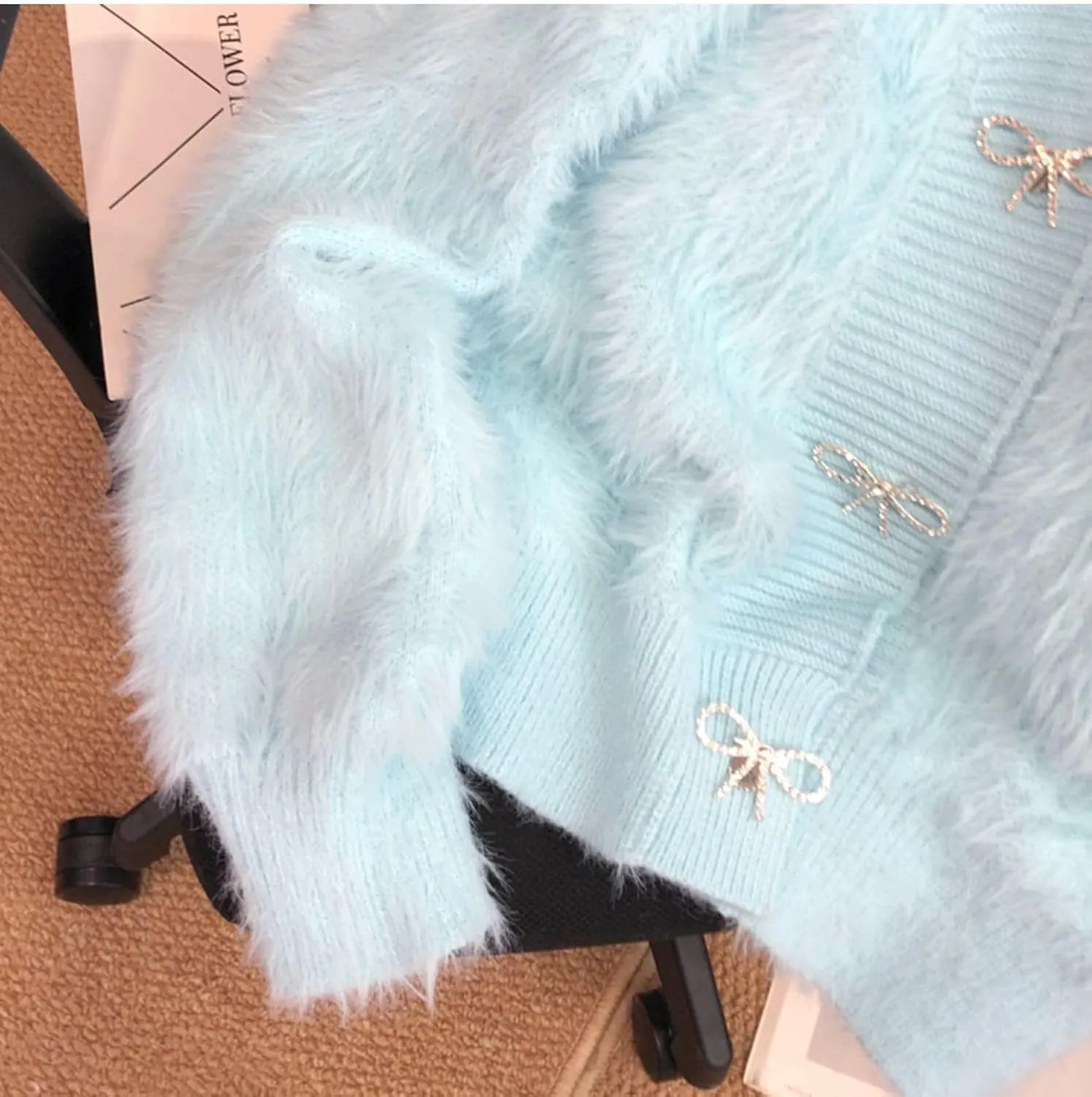 Women's Fuzzy Fluffy Cardigan Cute Bowknot Button Sweater Long Sleeve V Neck Knit Tops