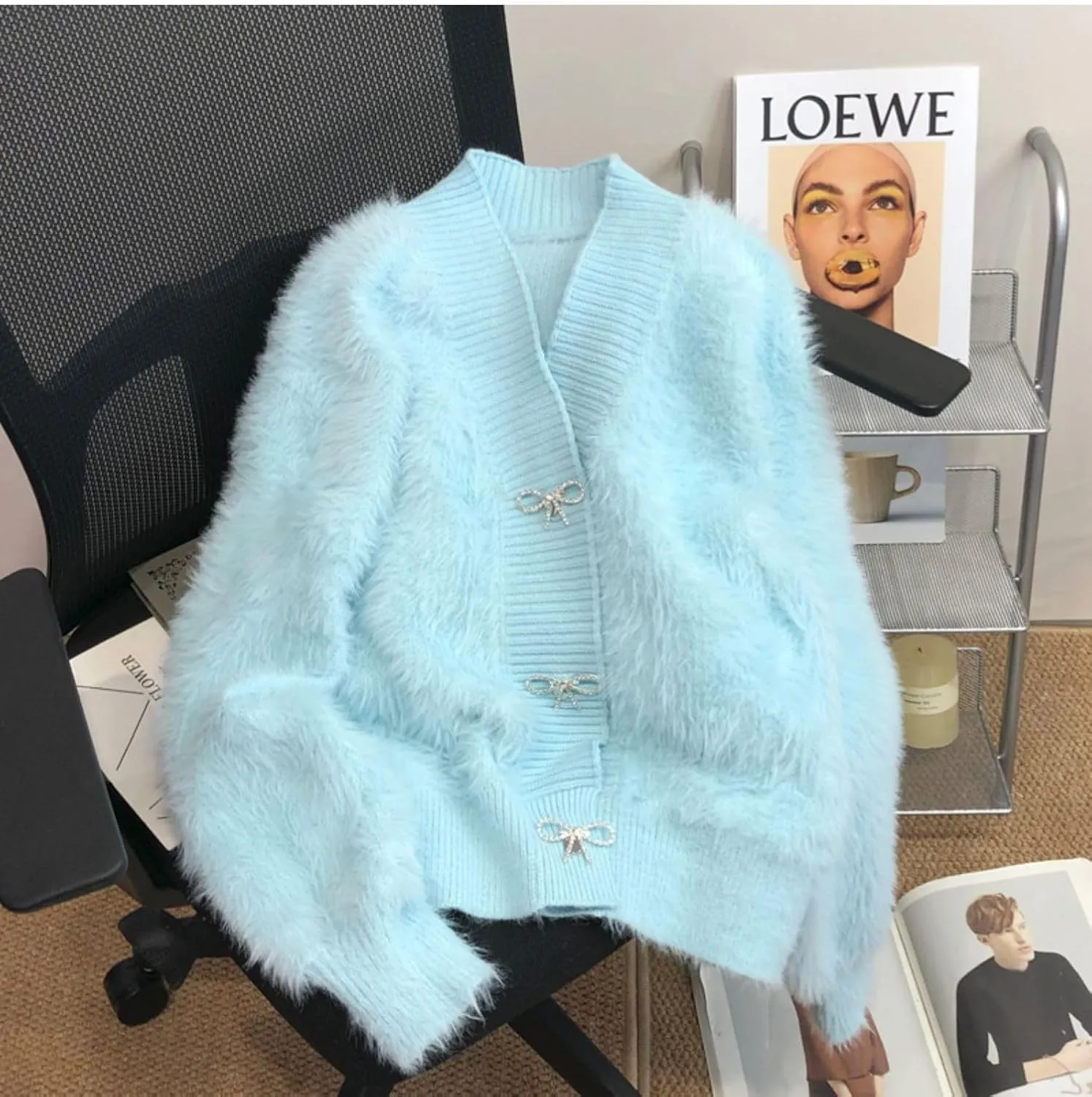 Women's Fuzzy Fluffy Cardigan Cute Bowknot Button Sweater Long Sleeve V Neck Knit Tops