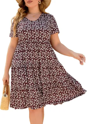 Women's Plus Size Casual Summer Tiered Dresses Short Sleeve Scoop Neck Ruffle Hem Loose Fitting Midi Babydoll Dress