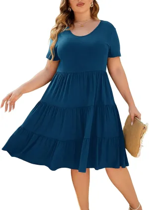 Women's Plus Size Casual Summer Tiered Dresses Short Sleeve Scoop Neck Ruffle Hem Loose Fitting Midi Babydoll Dress