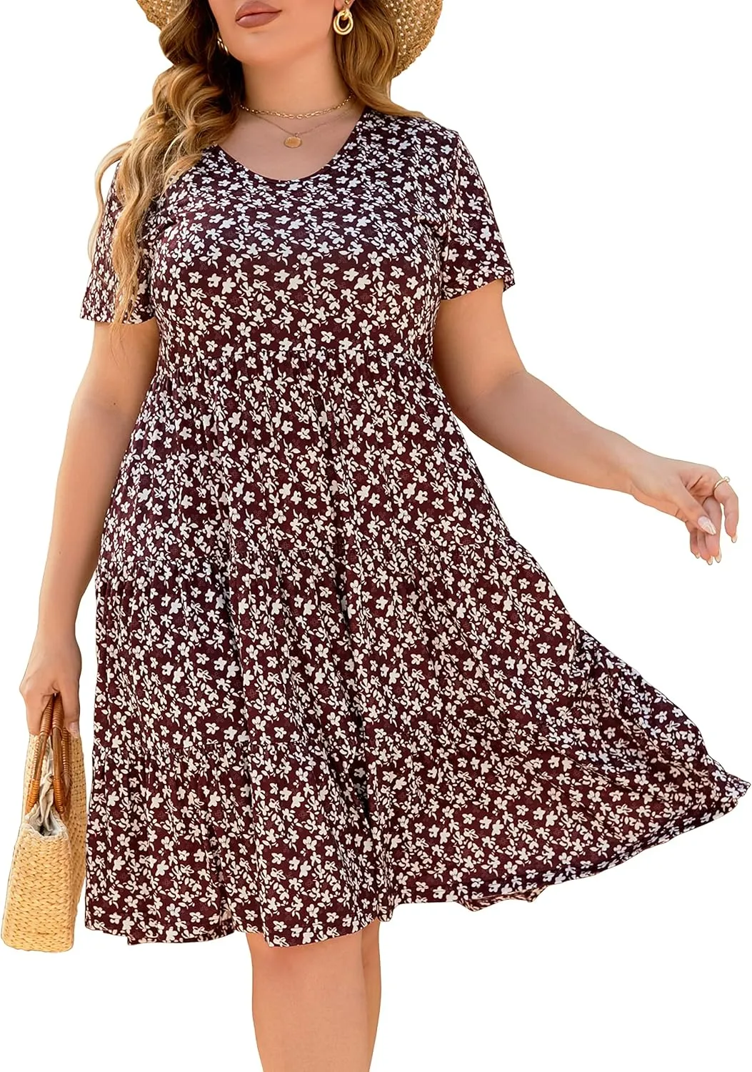 Women's Plus Size Casual Summer Tiered Dresses Short Sleeve Scoop Neck Ruffle Hem Loose Fitting Midi Babydoll Dress