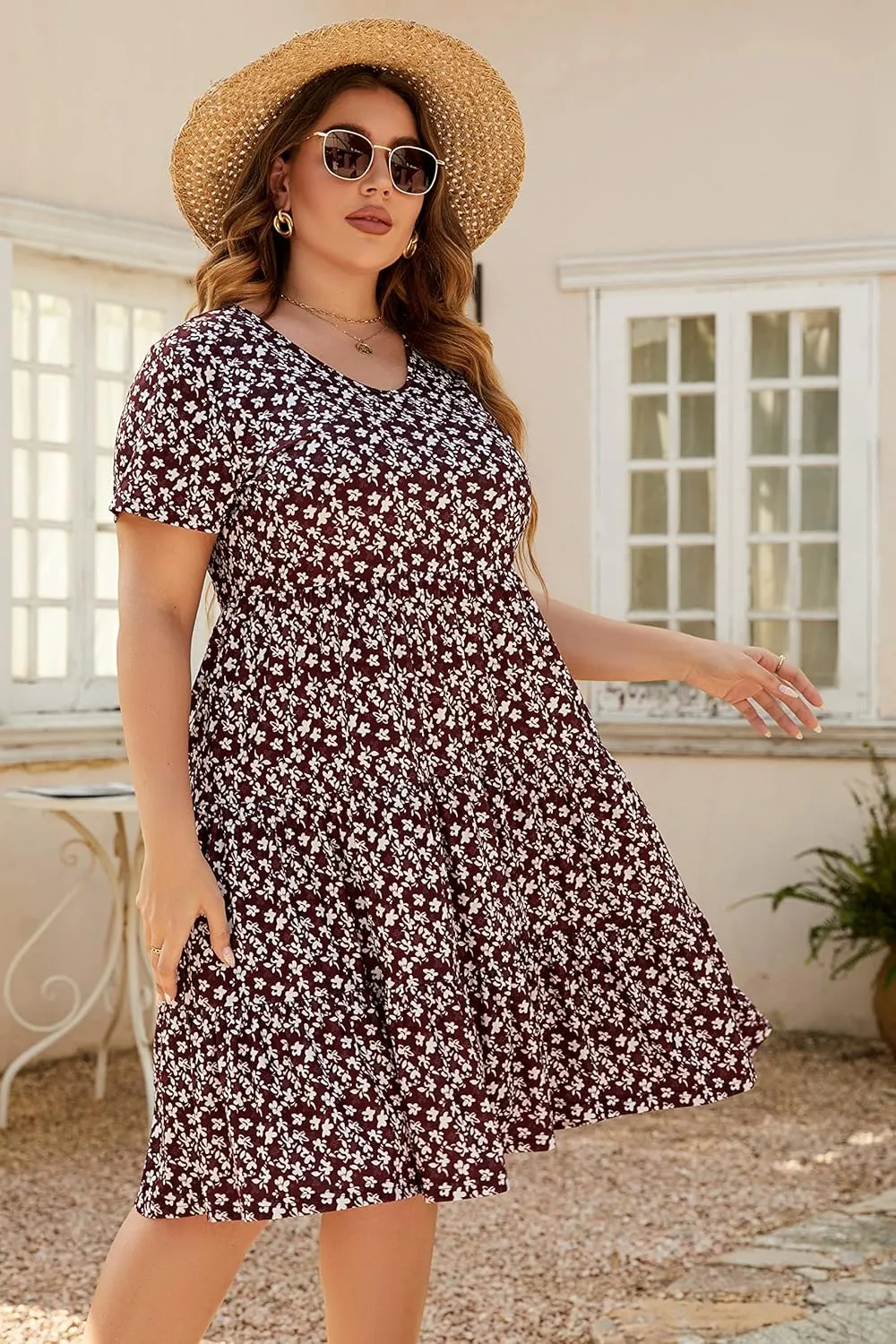 Women's Plus Size Casual Summer Tiered Dresses Short Sleeve Scoop Neck Ruffle Hem Loose Fitting Midi Babydoll Dress