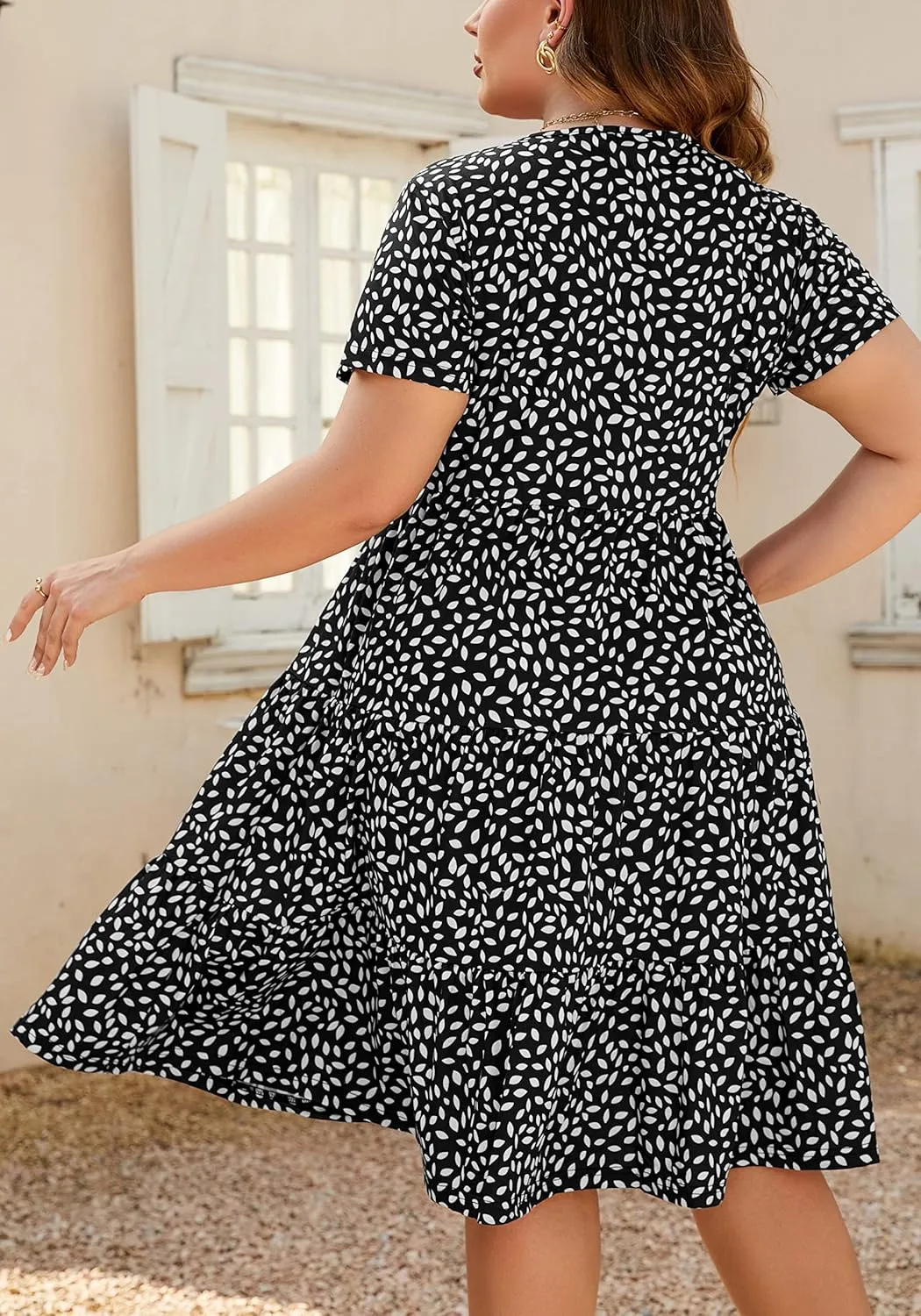 Women's Plus Size Casual Summer Tiered Dresses Short Sleeve Scoop Neck Ruffle Hem Loose Fitting Midi Babydoll Dress