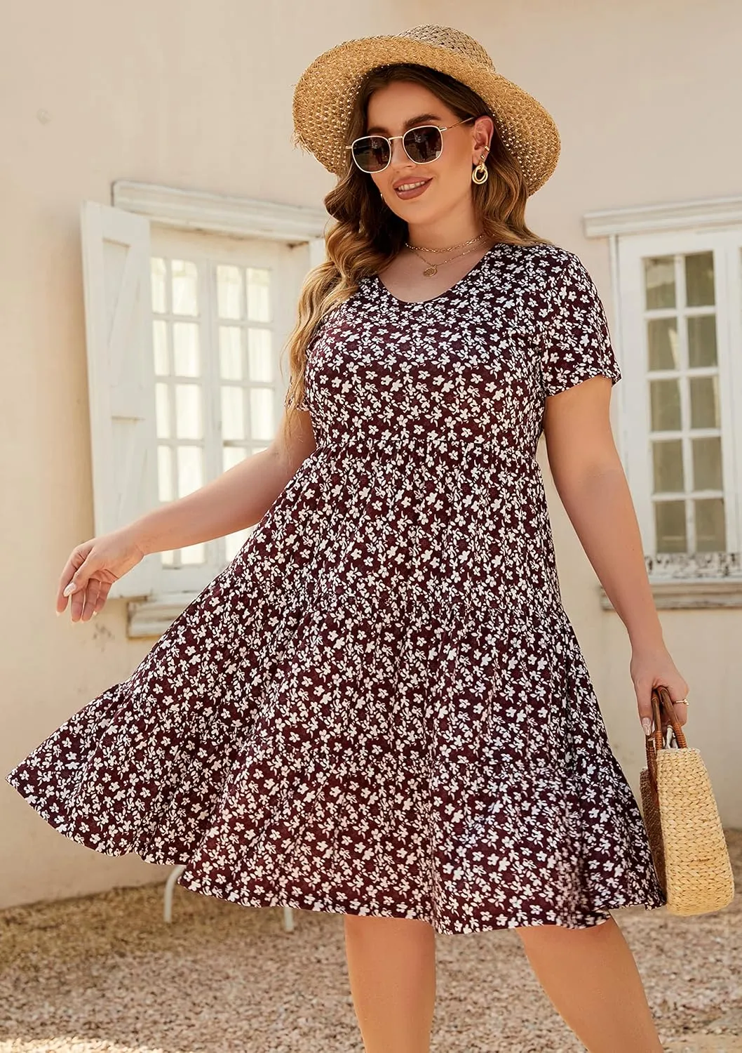 Women's Plus Size Casual Summer Tiered Dresses Short Sleeve Scoop Neck Ruffle Hem Loose Fitting Midi Babydoll Dress