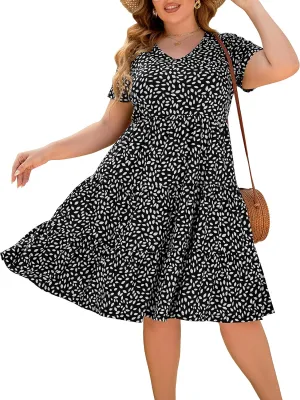 Women's Plus Size Casual Summer Tiered Dresses Short Sleeve Scoop Neck Ruffle Hem Loose Fitting Midi Babydoll Dress