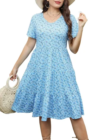 Women's Plus Size Casual Summer Tiered Dresses Short Sleeve Scoop Neck Ruffle Hem Loose Fitting Midi Babydoll Dress